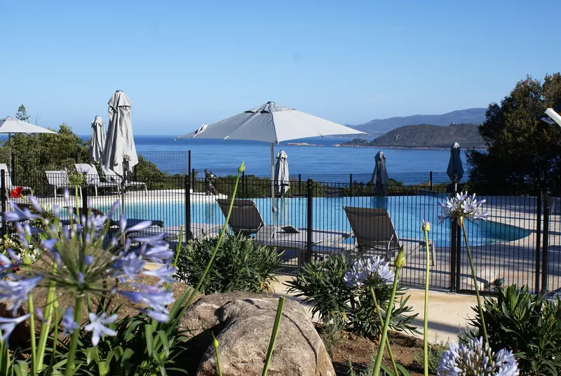 Piscine vue mer et agapanthes au Camping Lacasa